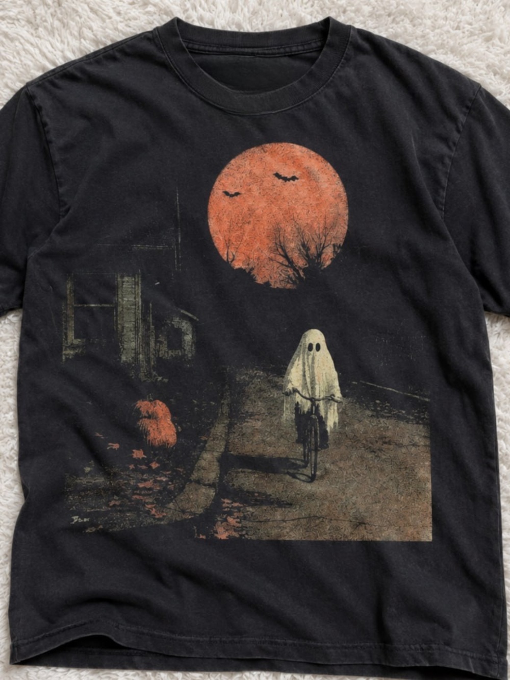 Orange Moon Ghost Gildan Black Graphic Tee Design